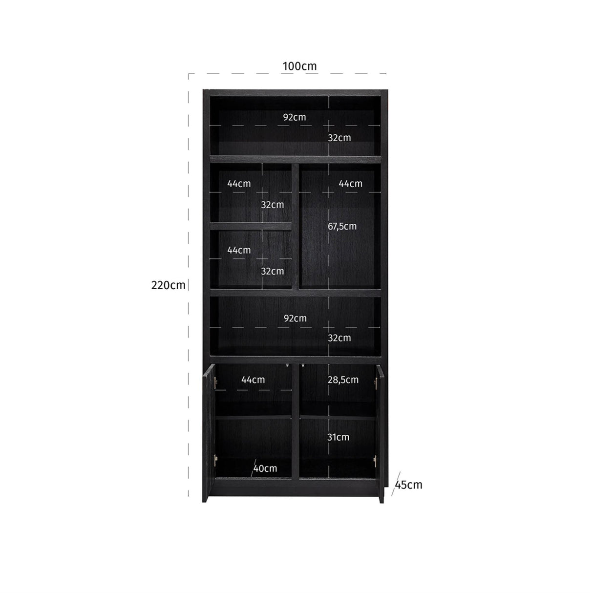 Bücherschrank Eiche, Schrank Eichenholz/ Schwarz, Breite 220 cm