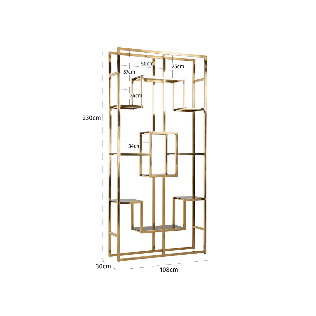 Regal Gold Metall, Metall-Glas Wandregal Gold, Bücherregal Gold, Höhe 230 cm