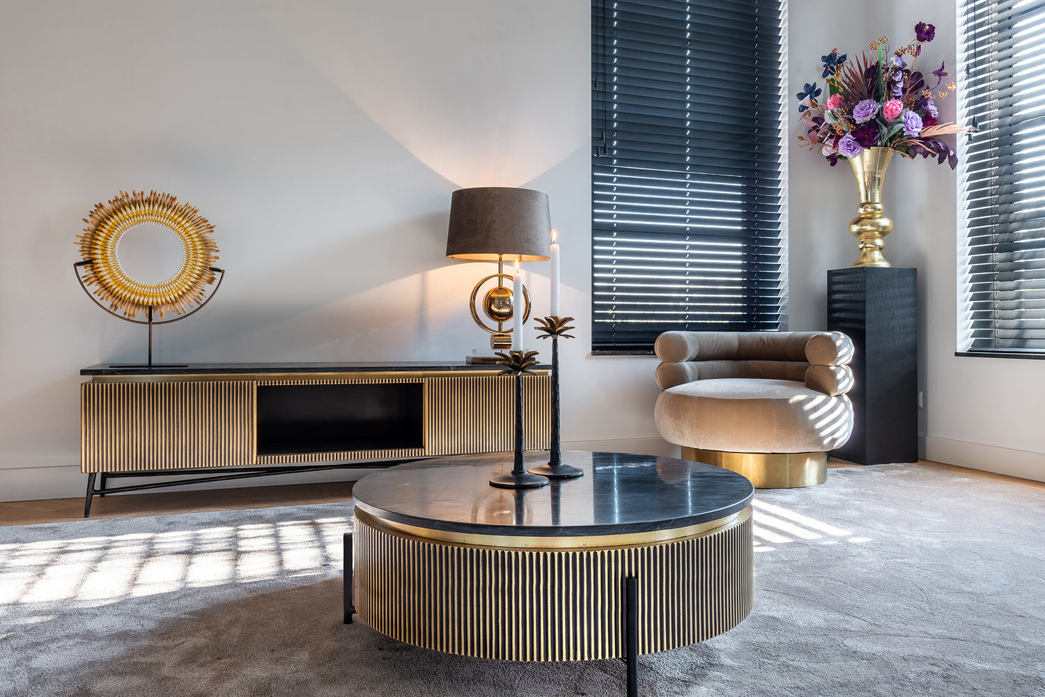 Fernsehschrank Gold mit Marmorplatte, TV Schrank Gold, Breite 170 cm