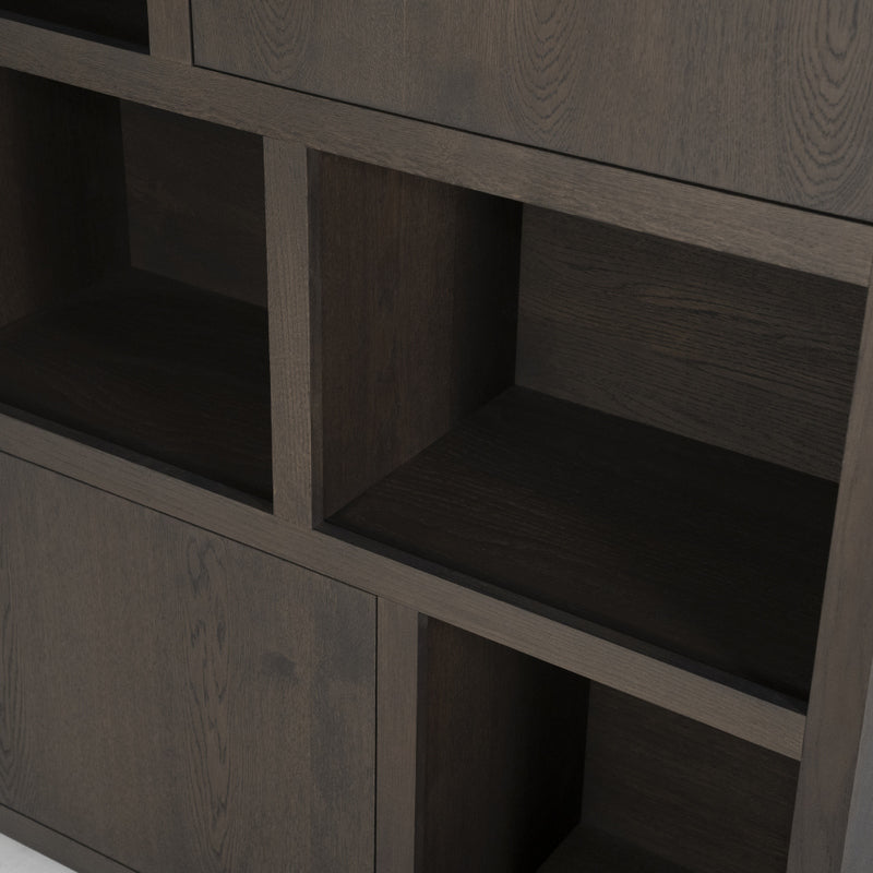 Wohnzimmerschrank braun Eiche furniert, Bücherregal braun Eiche furniert, Schrank braun Holz,  Breite 120 cm
