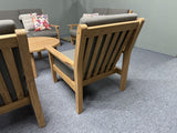 Garten-Sitzgarnitur Set Holz, 2 Gartenbänke mit zwei Sessel und Gartentisch rund, Gartenlounge Teak Naturholz