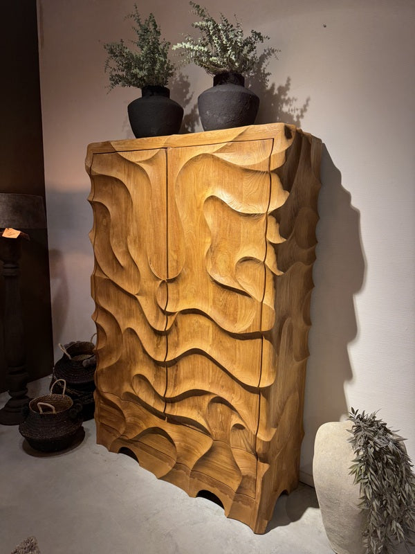 Highboard Wave Holz, Hochschrank Teak-Holz, Breite 180 cm