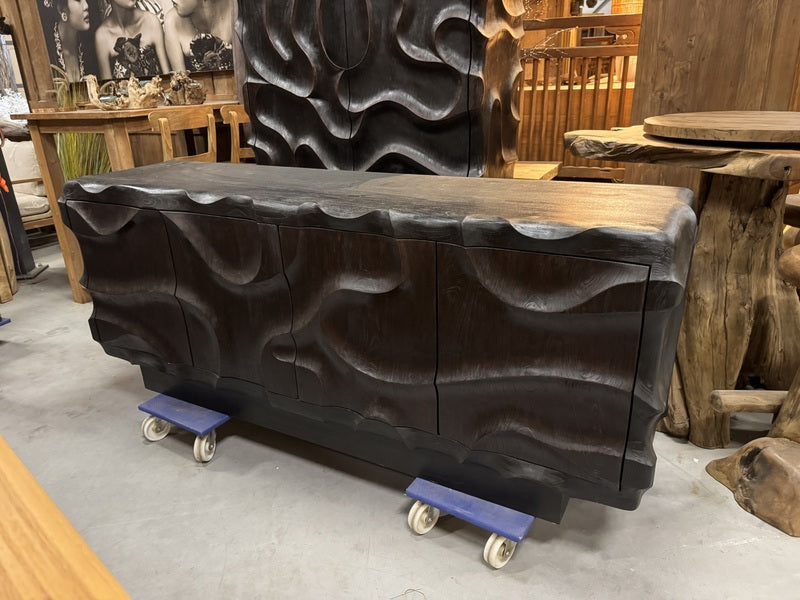 Sideboard schwarz Wave Holz, Anrichte Teak-Holz, Breite 200 cm