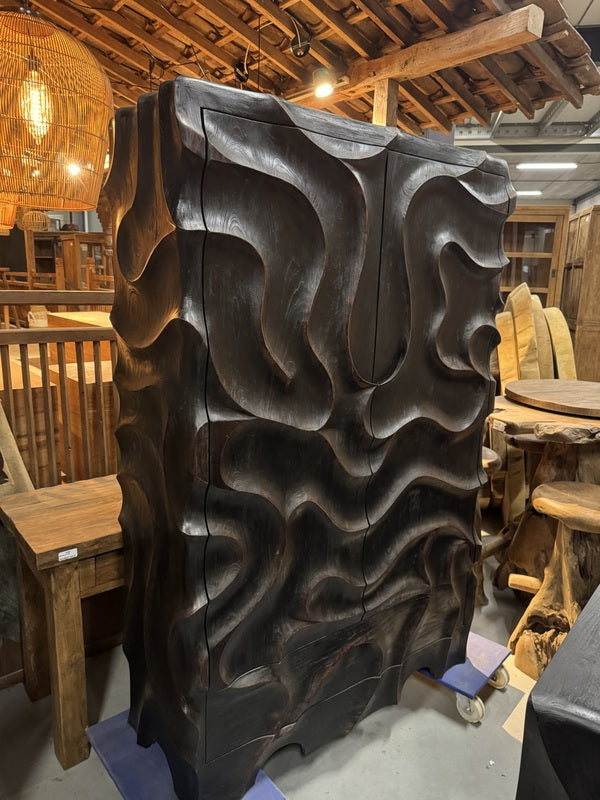 Sideboard schwarz Wave Holz, Anrichte Teak-Holz, Breite 200 cm