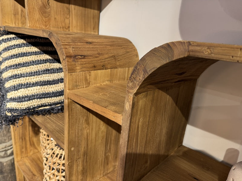 Bücherregal braun Holz, Regal abgerundete Ecken Teak-Holz, Breite 140 cm