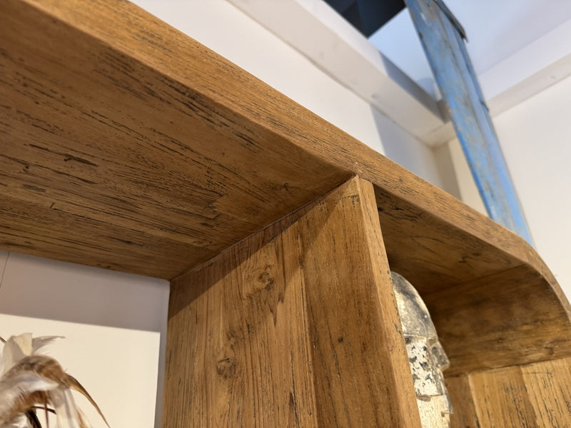 Bücherregal braun Holz, Regal abgerundete Ecken Teak-Holz, Breite 140 cm