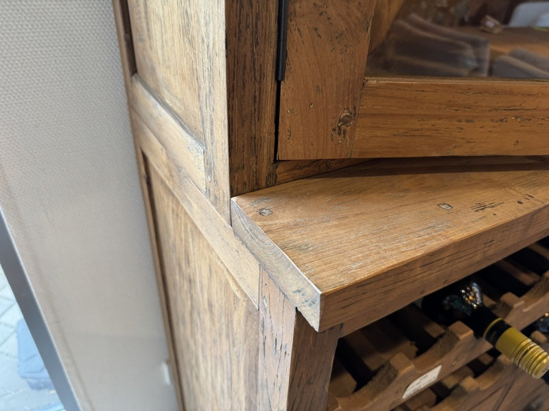 Weinschrank Holz, Vitrine Teak-Holz, Breite 90 cm