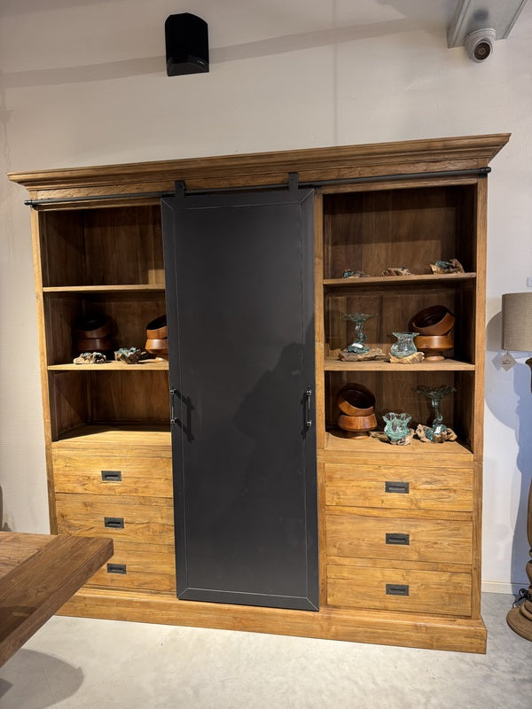 Wohnzimmerschrank braun-schwarz Holz, Schrank Metall Teak-Holz, Breite 210 cm