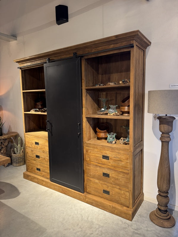 Wohnzimmerschrank braun-schwarz Holz, Schrank Metall Teak-Holz, Breite 210 cm