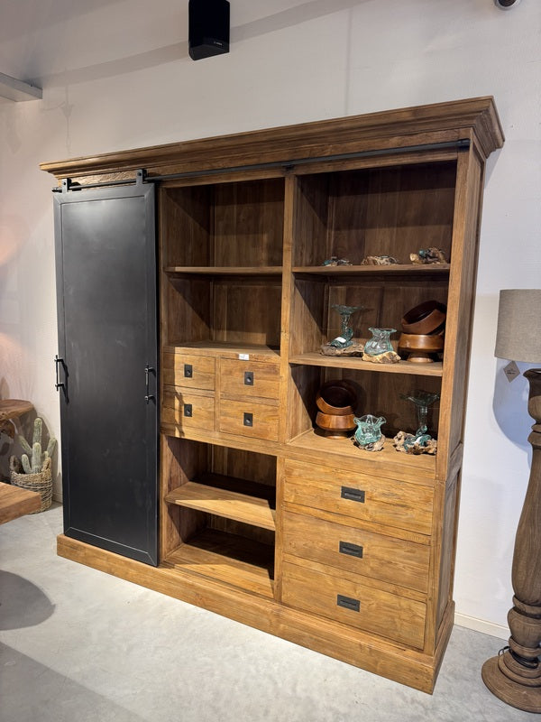 Wohnzimmerschrank braun-schwarz Holz, Schrank Metall Teak-Holz, Breite 210 cm