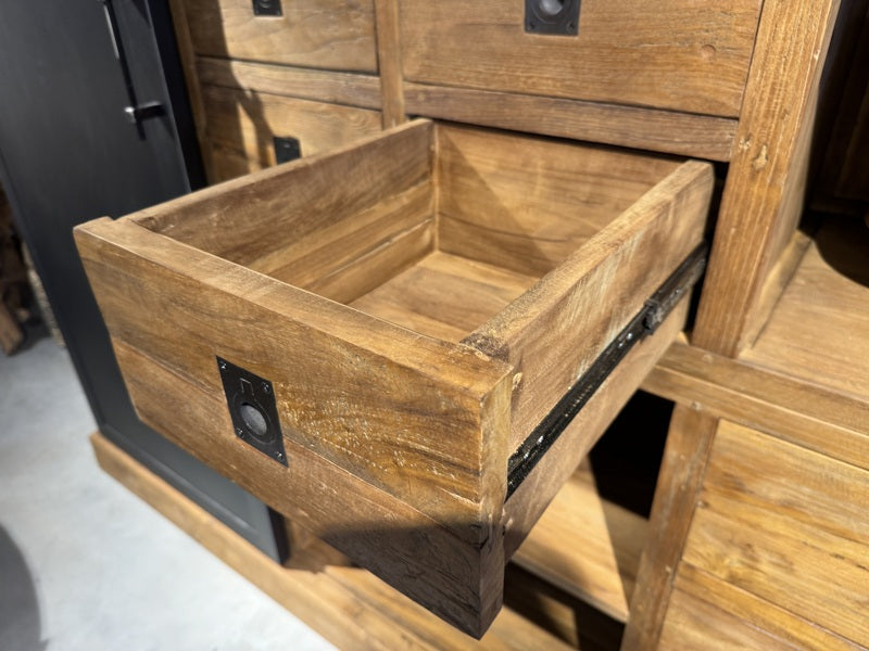 Wohnzimmerschrank braun-schwarz Holz, Schrank Metall Teak-Holz, Breite 210 cm