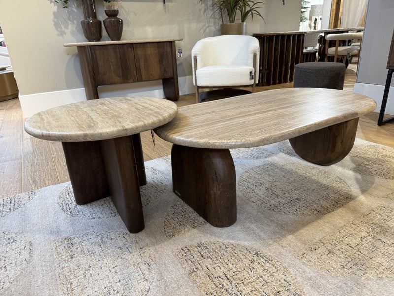 Couchtisch und Beistelltisch 2er Set Travertin-Stein, Beistelltisch Travertinstein rund braun, Maße 60-120 cm
