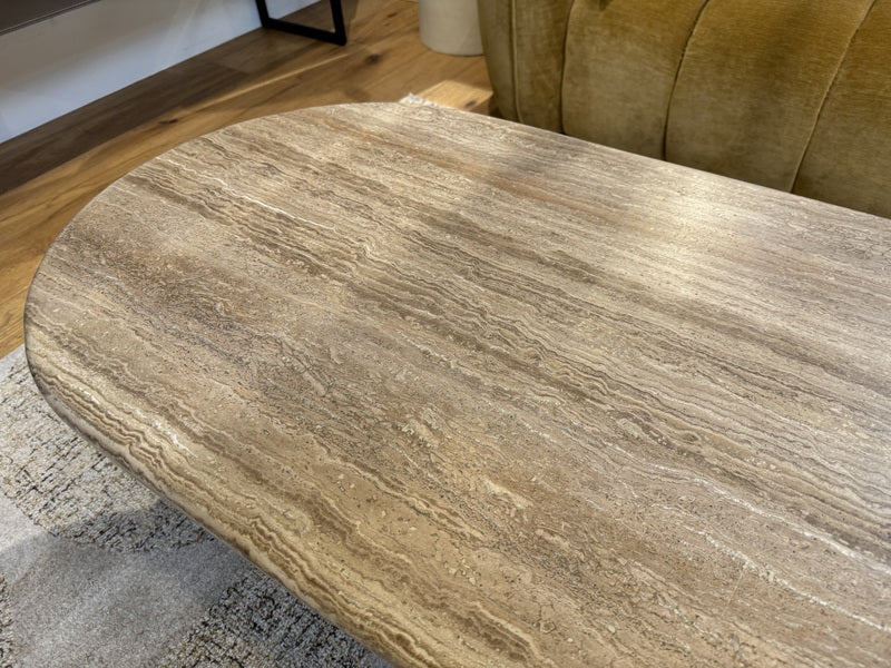 Couchtisch und Beistelltisch 2er Set Travertin-Stein, Beistelltisch Travertinstein rund braun, Maße 60-120 cm