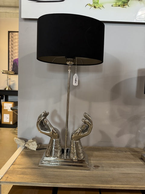 Tischlampe Hände, Tischleuchte Silber-schwarz, Tischlampe mit Lampenschirm oval, Höhe 65 cm