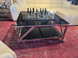 Couchtisch auf Rädern Silber, Glas-Metall Couchtisch Silber, Maße 100x100 cm