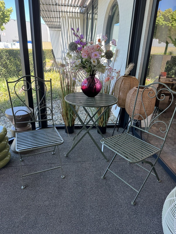 3er Set, Gartentisch rund mit zwei Stühlen Metall, Metall Gartenstuhl, Gartentisch grün Metall