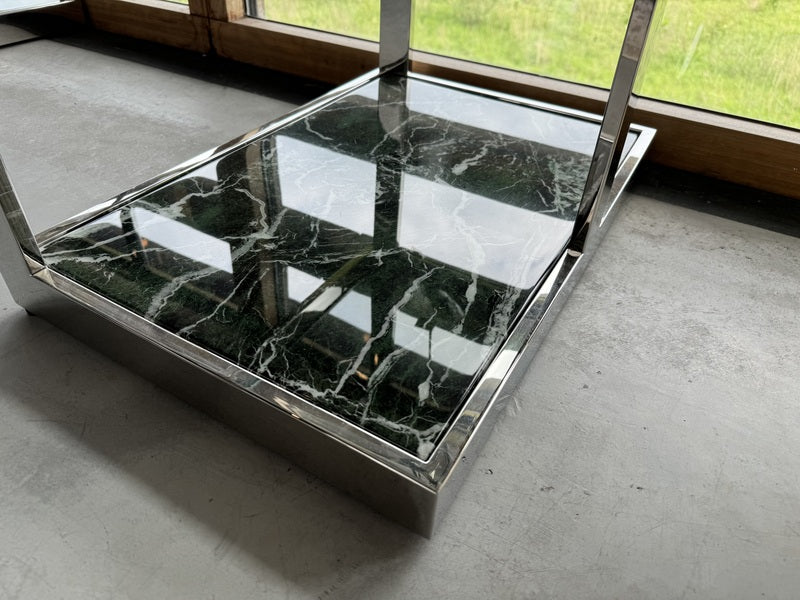 Schreibtisch Silber, Glas-Tisch Marmor grün, Länge 150 cm