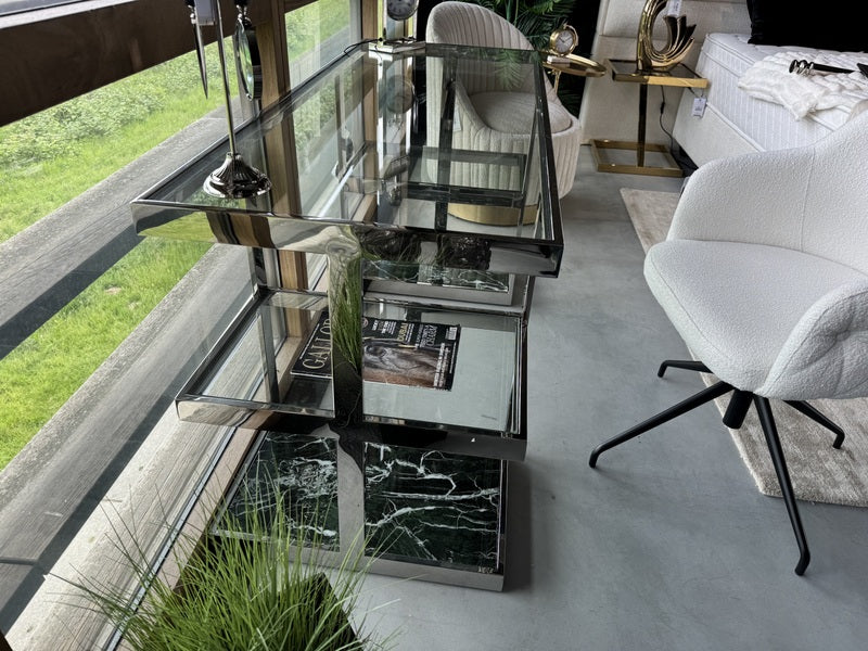 Schreibtisch Silber, Glas-Tisch Marmor grün, Länge 150 cm