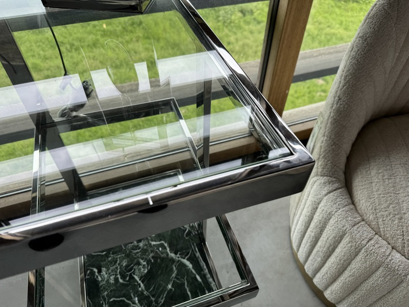 Schreibtisch Silber, Glas-Tisch Marmor grün, Länge 150 cm