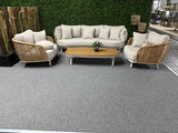 Garten-Loungeset beige-braun, 4er Set Gartentisch Teakholz mit Gartensofa beige, Gartensessel beige