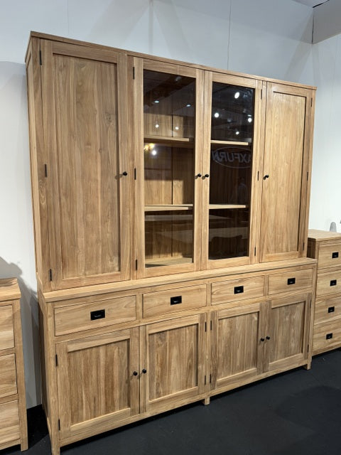 Geschirrschrank Teak, Vitrine Massivholz Teak, Breite 208 cm