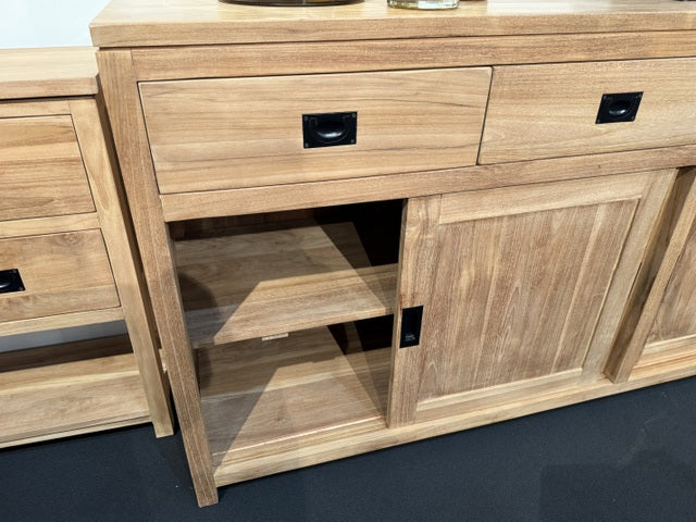 Sideboard Holz Teak mit Schiebetüren, Anrichte mit Schubladen Massivholz Teak, Breite 200 cm