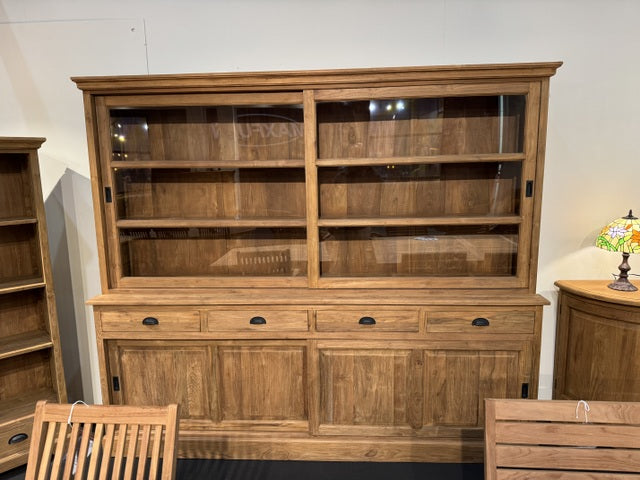 Vitrine mit Schiebetüren Holz Teak, Geschirrschrank mit Schubladen Massivholz Teak, Breite 248 cm