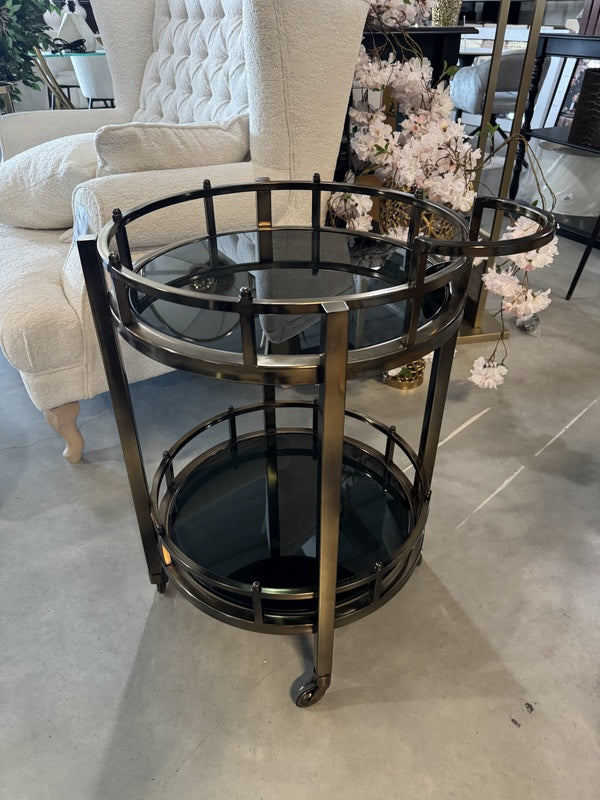 Servierwagen Glas schwarz, Serviertisch rund, Trolley Bronze rund