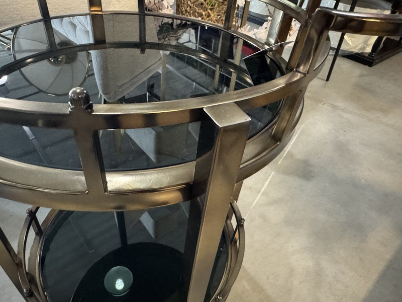 Servierwagen Glas schwarz, Serviertisch rund, Trolley Bronze rund