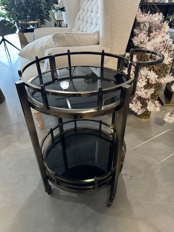 Servierwagen Glas schwarz, Serviertisch rund, Trolley Bronze rund