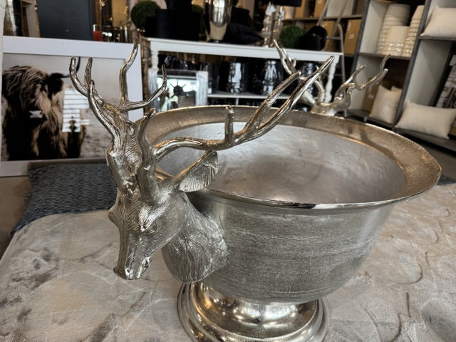 Weinkühler Hirschkopf Silber, Sektkühler Hirschkopf XXL, Champagnerkühler Silber Hirschkopf, Breite 107 cm