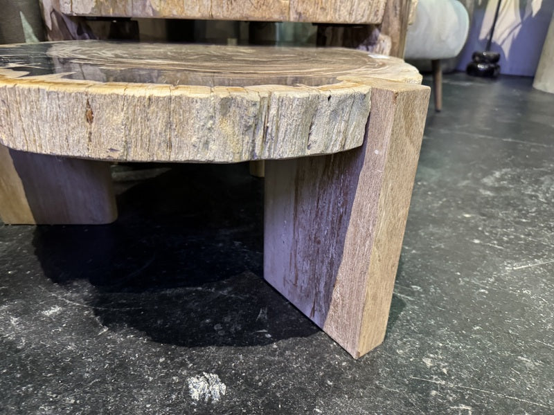 Couchtisch Holzstein, 2er Set Couchtisch beige Unikat, Durchmesser 75-85 cm