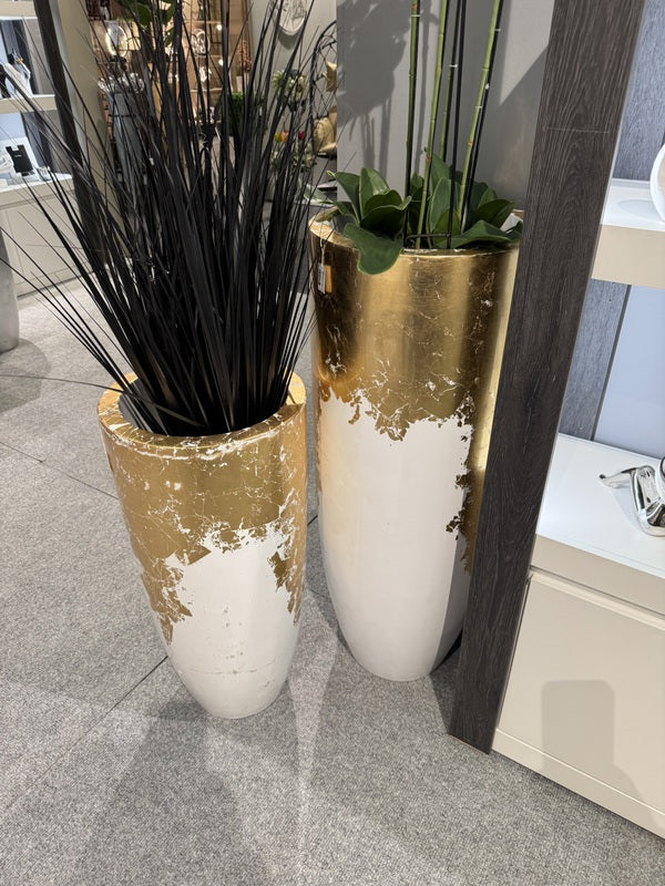 Vase weiß-Gold, Bodenvase Gold-weiß, Pflanzvase weiß-Gold, Höhe 100 cm