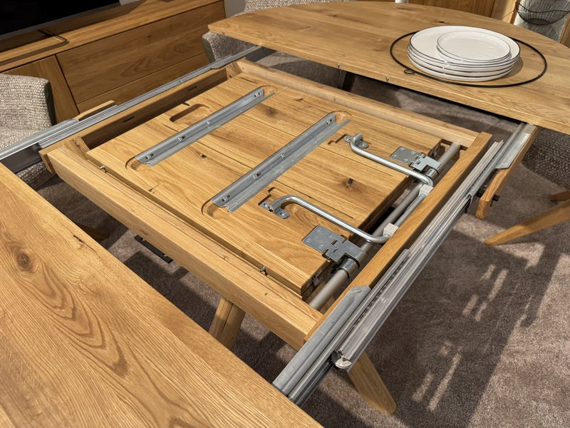 Esstisch rund ausziehbar Eiche massiv, runder Tisch ausziehbar Eiche, ausziehbarer Tisch rund Eiche, Länge 105-145 cm (Tischgestell Eiche massiv)