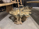 Couchtisch Wurzelholz, Tisch Massivholz und Glas, Durchmesser 100 cm