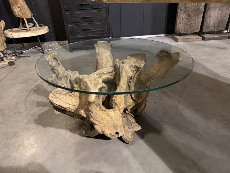 Couchtisch Wurzelholz, Tisch Massivholz und Glas, Durchmesser 80 cm
