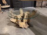 Couchtisch Wurzelholz, Tisch Massivholz und Glas, Durchmesser 80 cm