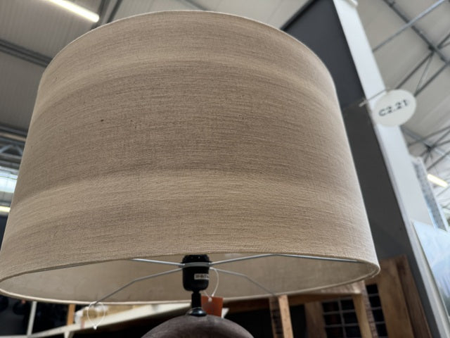 Stehlampe Holz braun mit Lampenschirm, Tischleuchte braun mit Lampenschirm taupe, Höhe 185 cm