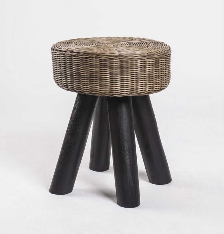 Hocker aus Massivholz und Kunststoff Rattan,  Farbe Braun-Schwarz, Sitzhöhe 44 cm