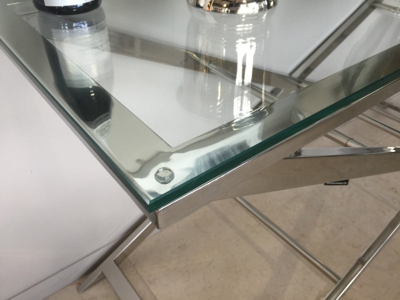 Konsole verchromt Glas-Metall, Sideboard mit Glasplatte,  Wandtisch verchromt Glas, Maße 160x50 cm