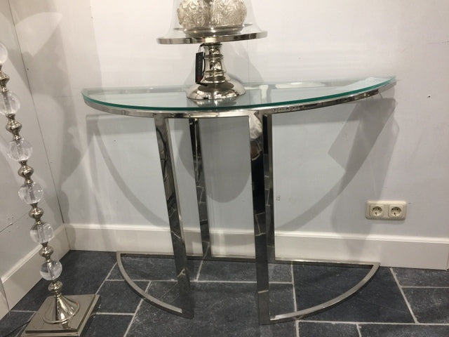 Konsole halbrund silber, Wandtisch Metall Glas verchromt, Breite 120 cm