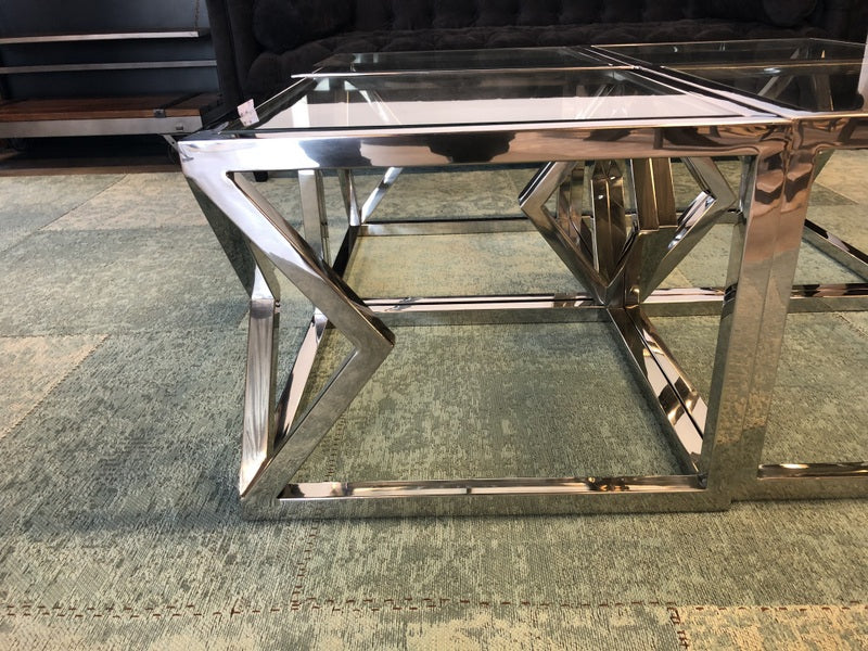 Couchtisch verchromt Glas-Metall, Tisch Silber Glas-Metall, Maße 112x112 cm