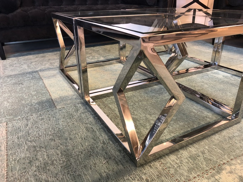 Couchtisch verchromt Glas-Metall, Tisch Silber Glas-Metall, Maße 112x112 cm