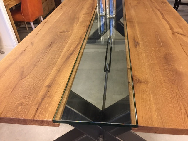 Esstisch Eiche Tischplatte, Tisch Glas-Massivholz Tischplatte Industriedesign,  Tischgestell Metall, Maße 200 x 100 cm