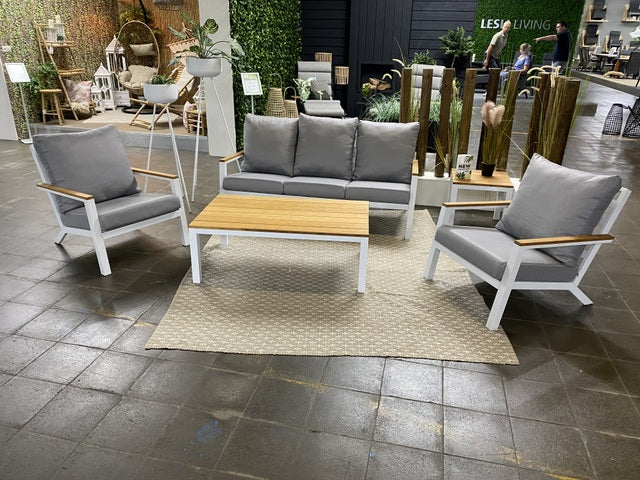 Set 5 teiliges Loungeset,  Gartensofa weiß, Gartensessel weiß, Gartentisch weiß Aluminium, Loungeset weiß