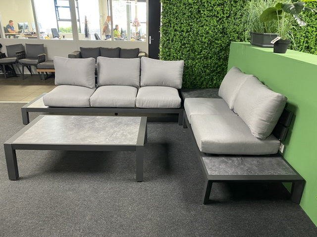 Set 4 teiliges Loungsofa grau anthrazit, Gartensofa anthrazit, Gartentisch anthrazit Aluminium, Loungeset grau-anthrazit