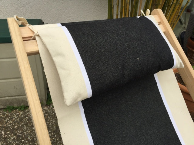 Liegestuhl aus Massivholz und Textil 100 % Baumwolle, Strandstuhl Farbe schwarz-weiß- creme