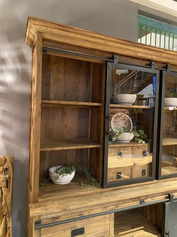 Vitrine Landhaus, Buffetschrank Teakholz, Geschirrschrank Teak, Schrank Massivholz Teak, Breite 180  cm