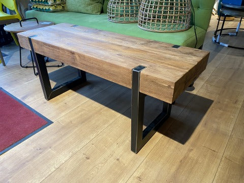 Bank Teakholz Industriedesign, Sitzbank Teak Industriedesign Metall Gestell, Bank Holz Teak, Breite 120 cm