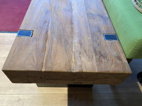 Bank Teakholz Industriedesign, Sitzbank Teak Industriedesign Metall Gestell, Bank Holz Teak, Breite 120 cm